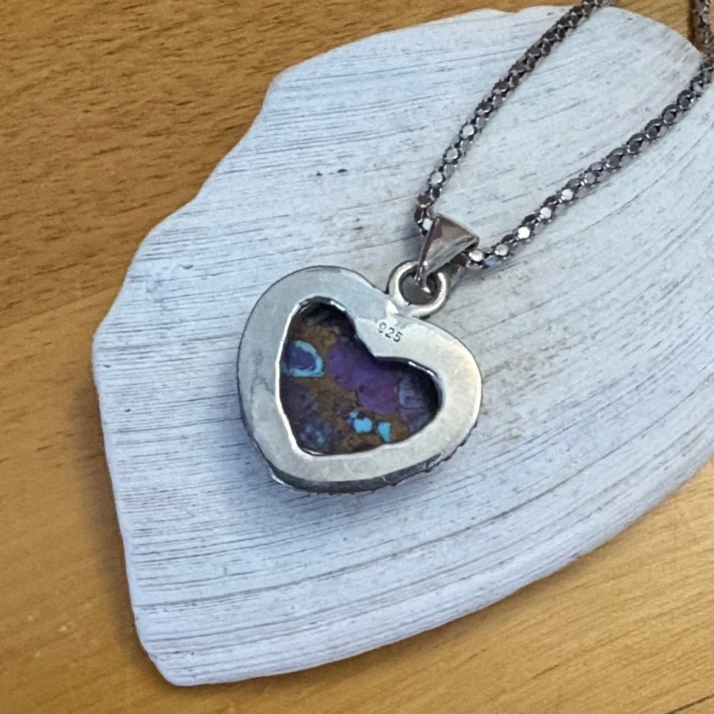 Purple Copper Turquoise Natural 7.30ct Heart Pendant Sterling Silver 20
